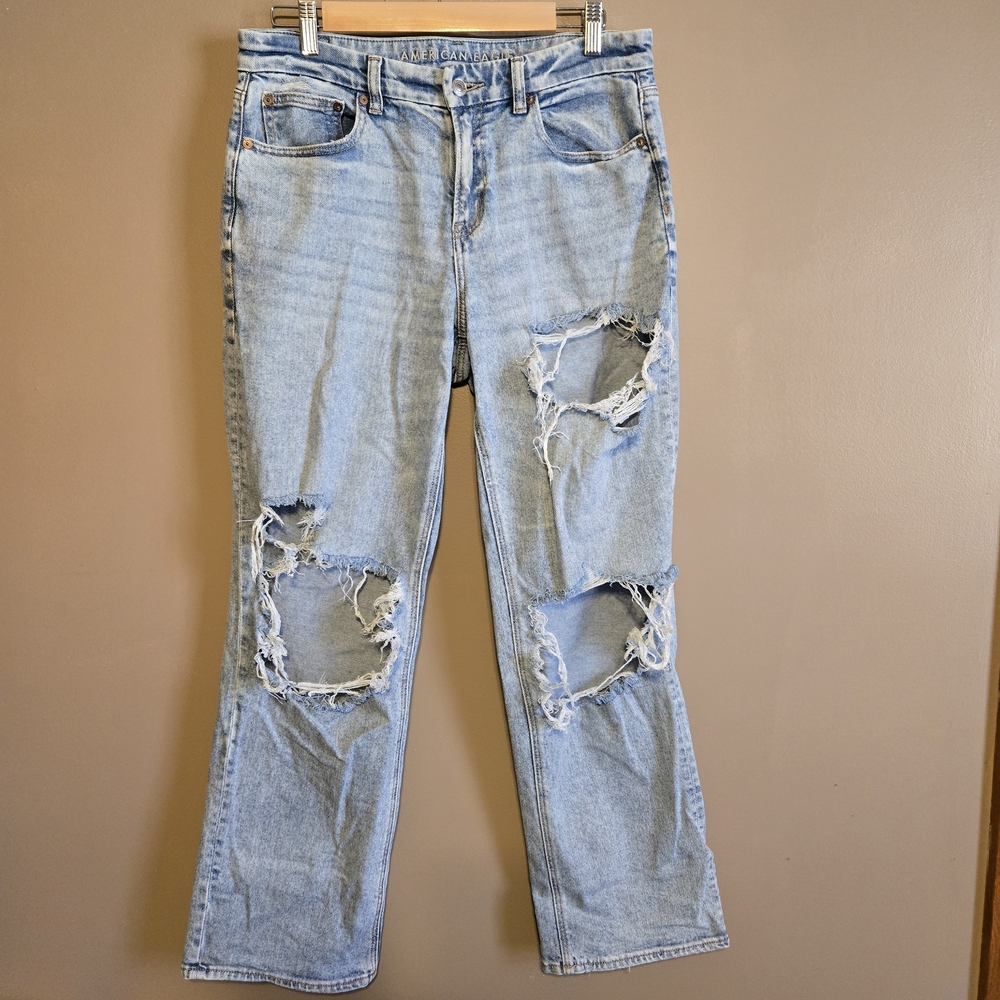 American Eagle Outfitters Light Blue Denim Jeans with Tan Leather Patch